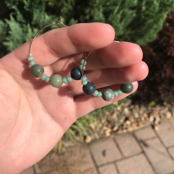 Matte Indian Agate Beaded Gold Plated Hoop Earring - Picture 6 of 8